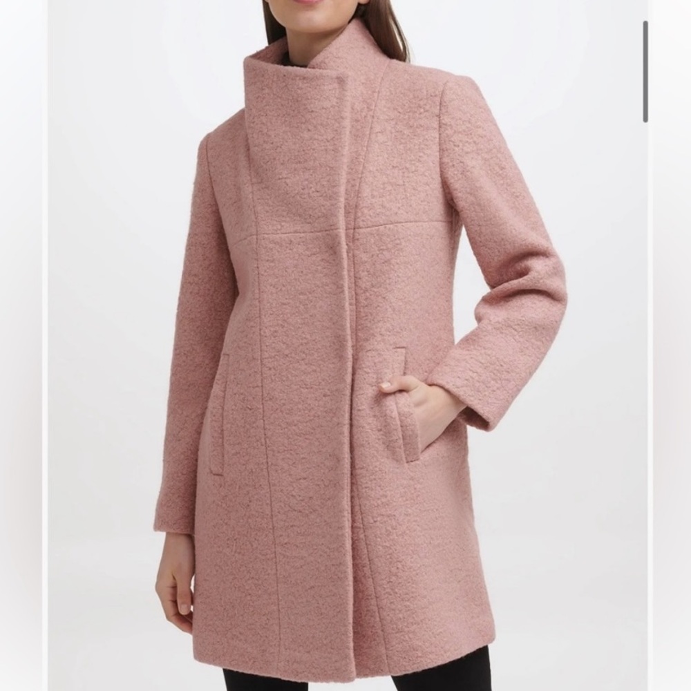 EUC Kenneth Cole Blush Pink Bouclé Wool Asymmetrical Stand Collar Winter Coat - Picture 3 of 7